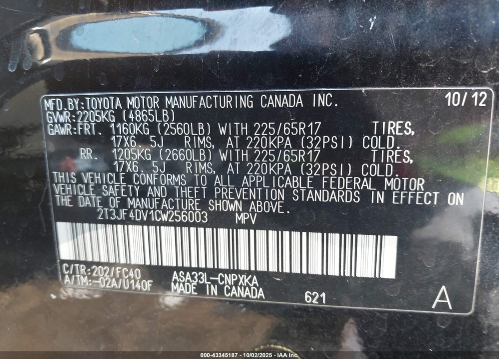 2012 TOYOTA RAV4 VIN: 2T3JF4DV1CW256003