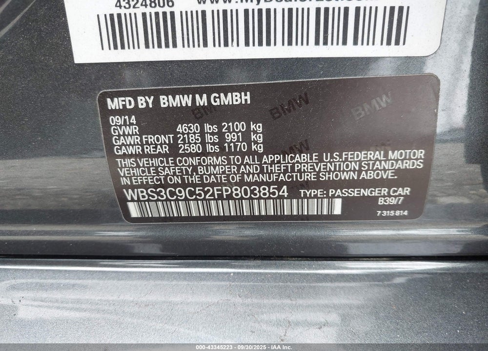 2015 BMW M3 VIN: WBS3C9C52FP803854