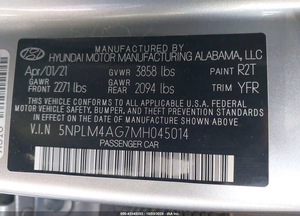 2021 HYUNDAI ELANTRA VIN: 5NPLM4AG7MH045014