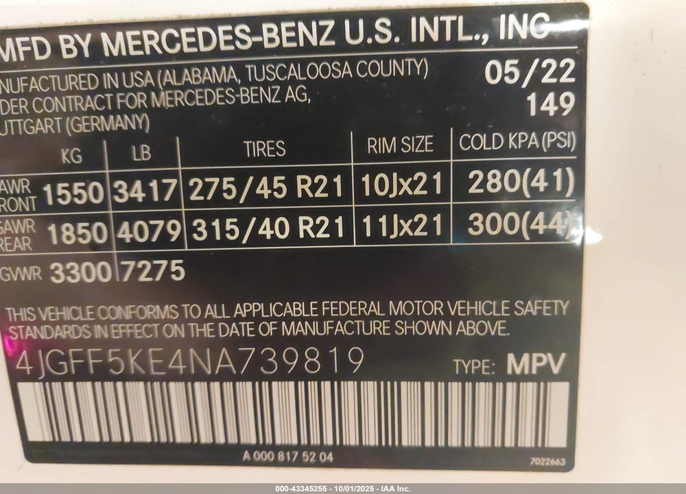 2022 MERCEDES-BENZ GLS 450 4MATIC VIN: 4JGFF5KE4NA739819