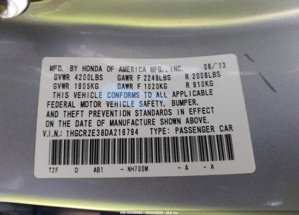 2013 HONDA ACCORD VIN: 1HGCR2E38DA216794