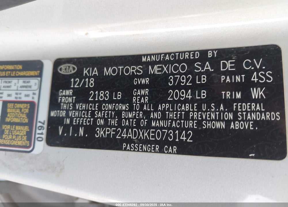 2019 KIA FORTE LXS VIN: 3KPF24ADXKE073142