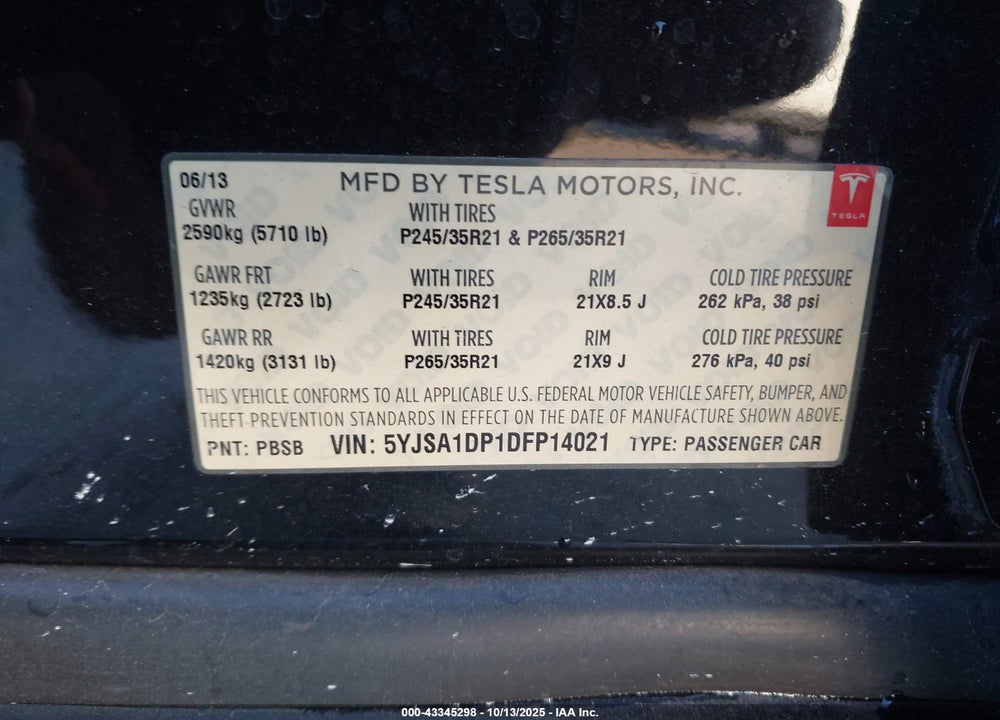 2013 TESLA MODEL S PERFORMANCE VIN: 5YJSA1DP1DFP14021