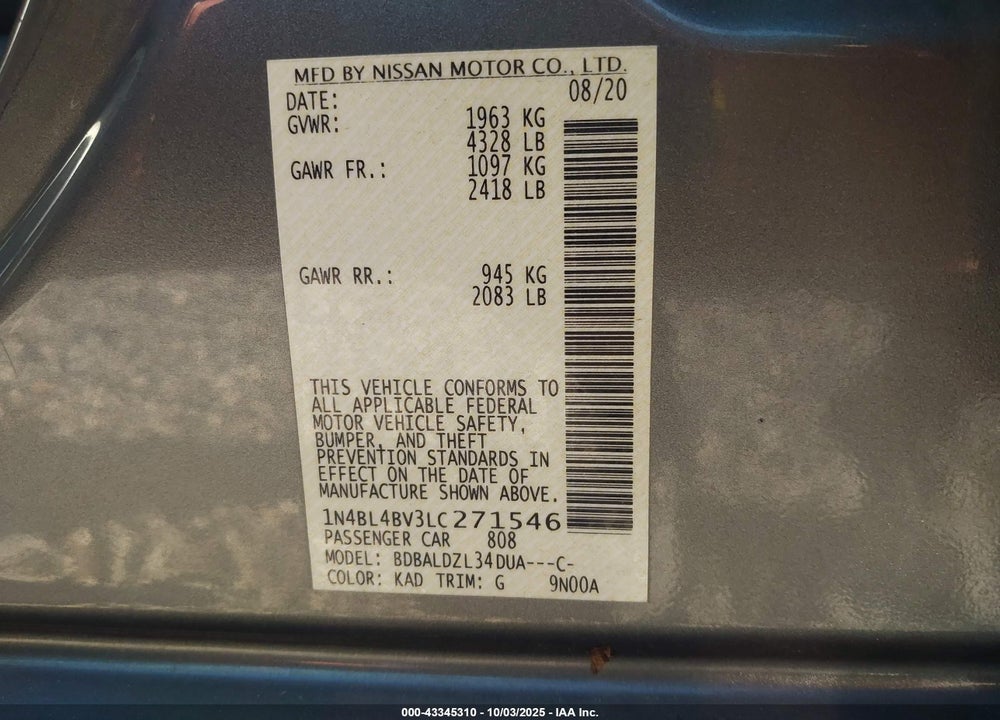 2020 NISSAN ALTIMA S FWD VIN: 1N4BL4BV3LC271546