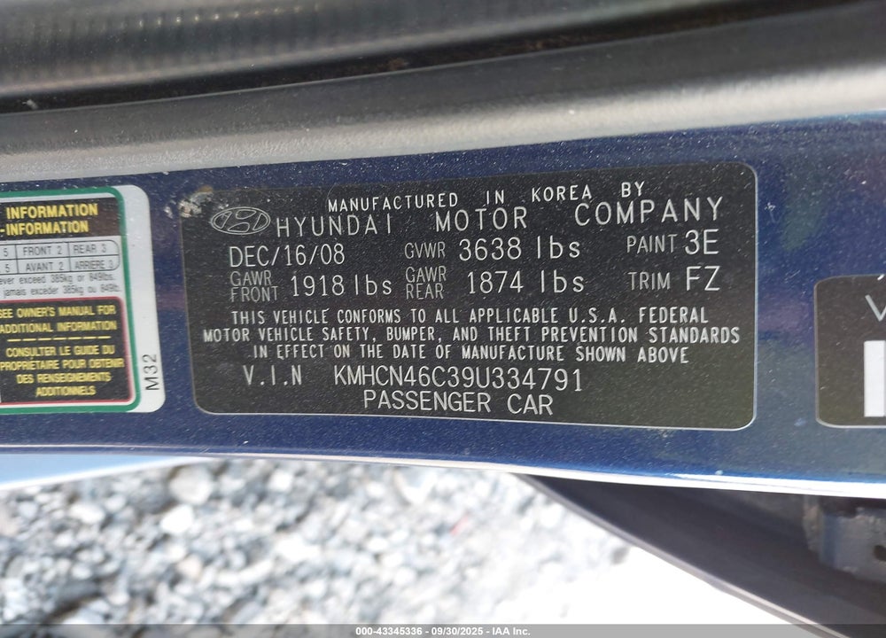 2009 HYUNDAI ACCENT VIN: KMHCN46C39U334791