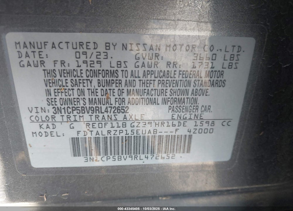 2024 NISSAN KICKS S XTRONIC CVT VIN: 3N1CP5BV9RL472652
