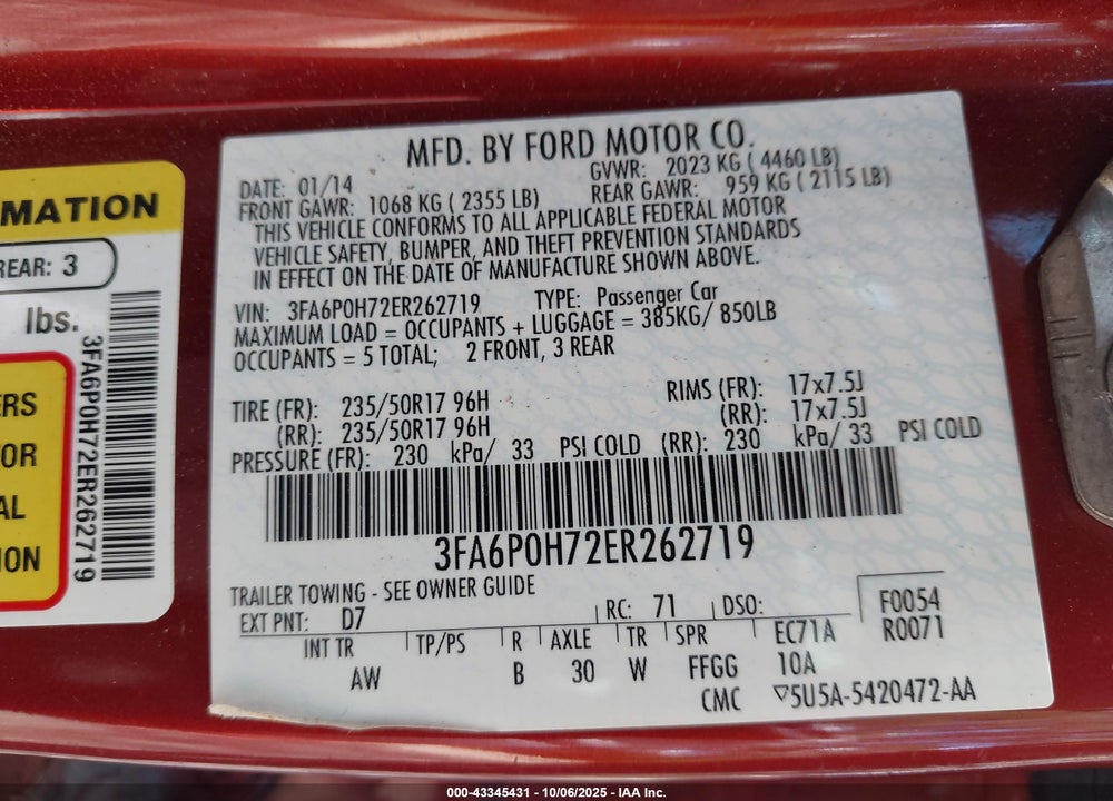 2014 FORD FUSION VIN: 3FA6P0H72ER262719