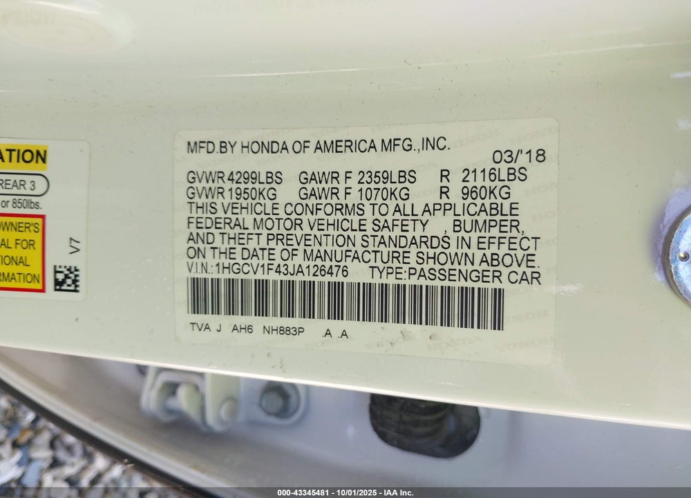 2018 HONDA ACCORD EX VIN: 1HGCV1F43JA126476