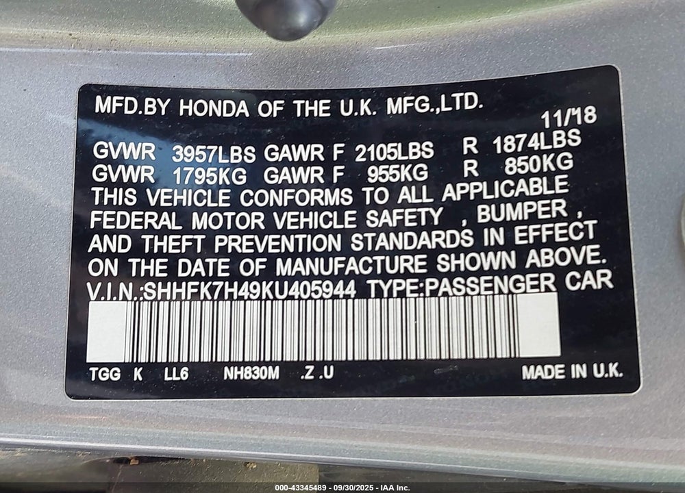 2019 HONDA CIVIC VIN: SHHFK7H49KU405944