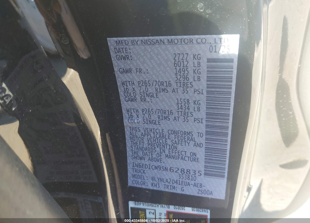 2025 NISSAN FRONTIER VIN: 1N6ED1CM9SN628835