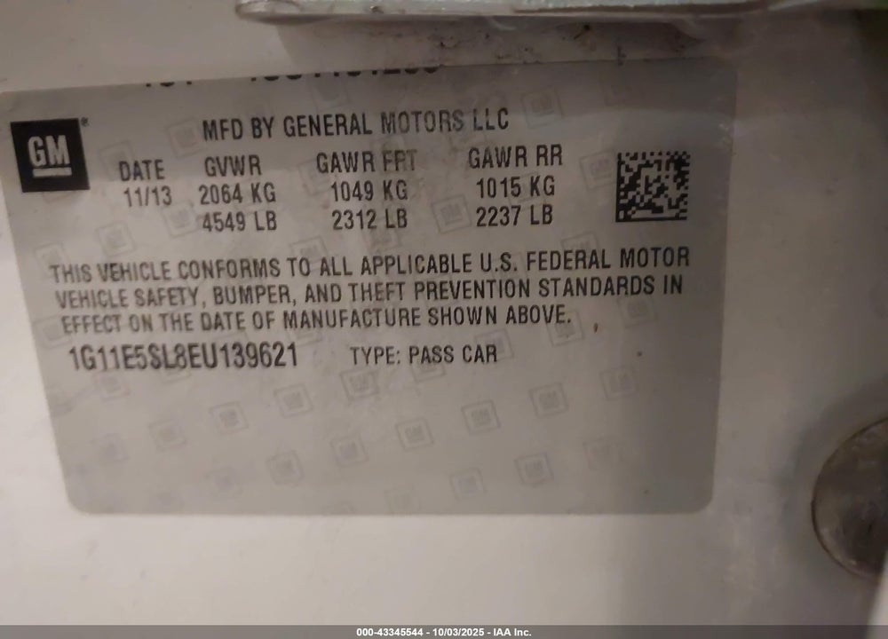 2014 CHEVROLET MALIBU VIN: 1G11E5SL8EU139621