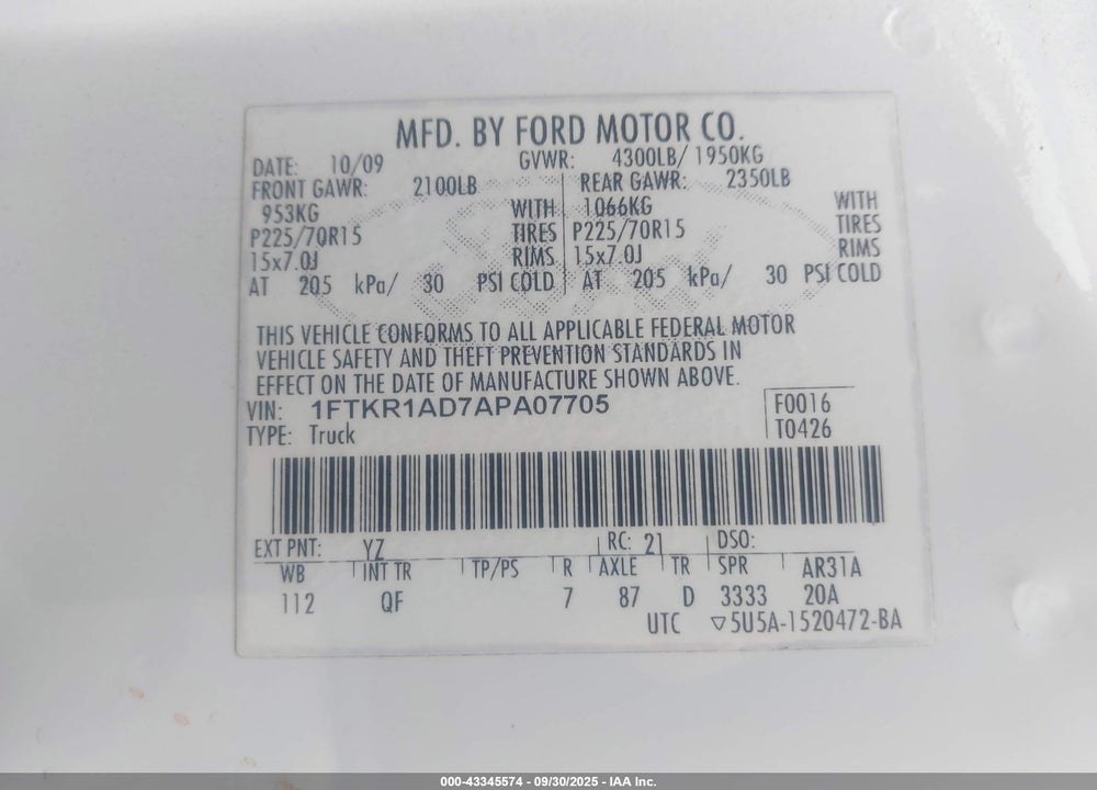 2010 FORD RANGER VIN: 1FTKR1AD7APA07705