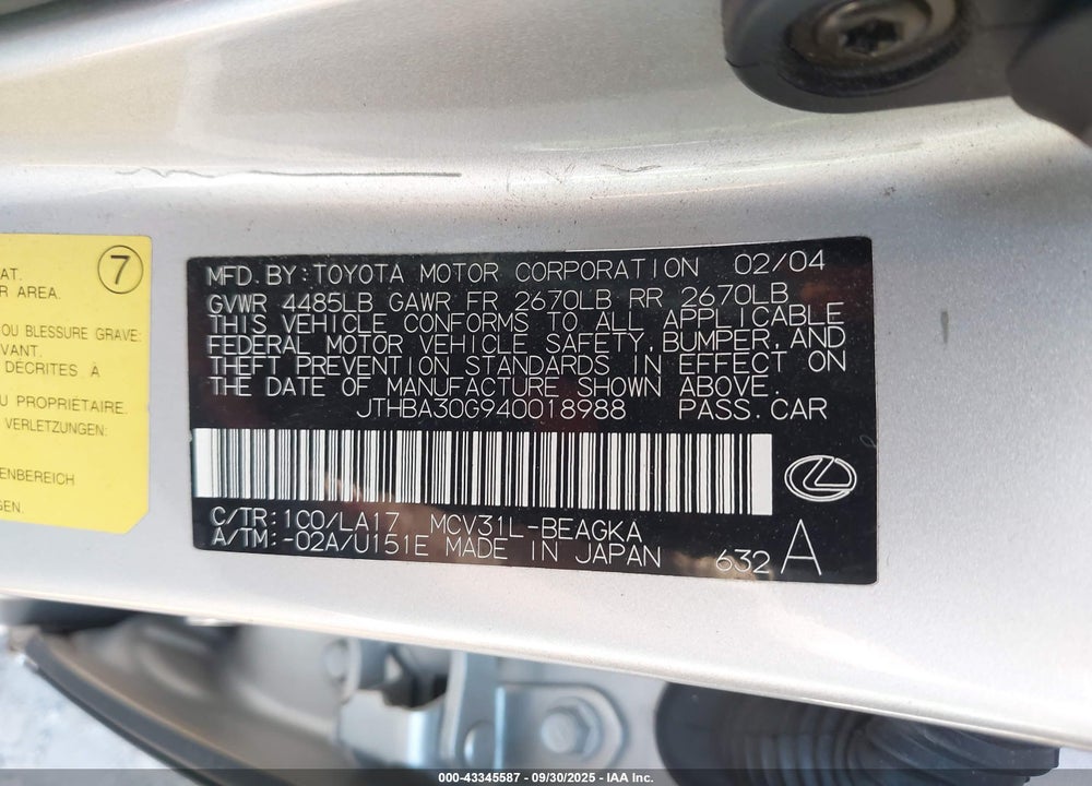 2004 LEXUS ES 330 VIN: JTHBA30G940018988