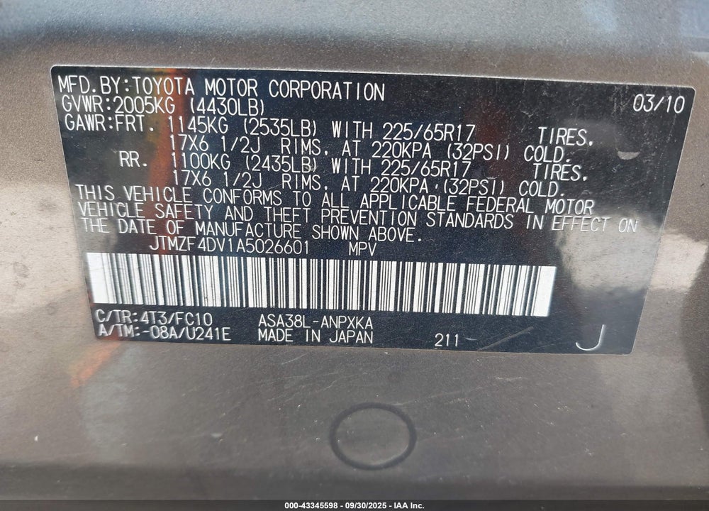 2010 TOYOTA RAV4 VIN: JTMZF4DV1A5026601