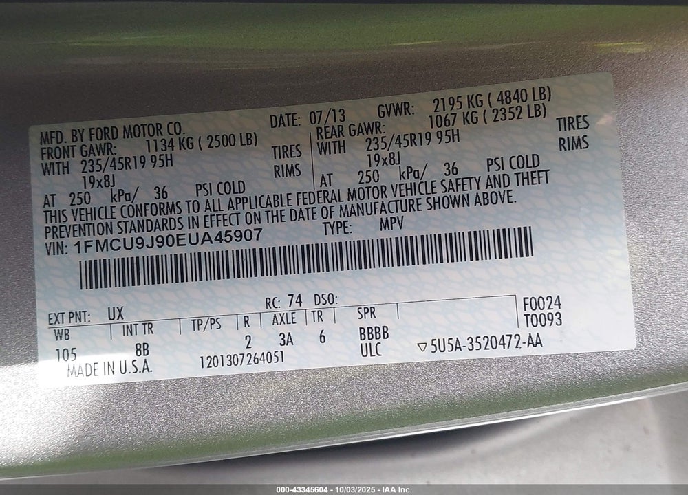 2014 FORD ESCAPE VIN: 1FMCU9J90EUA45907