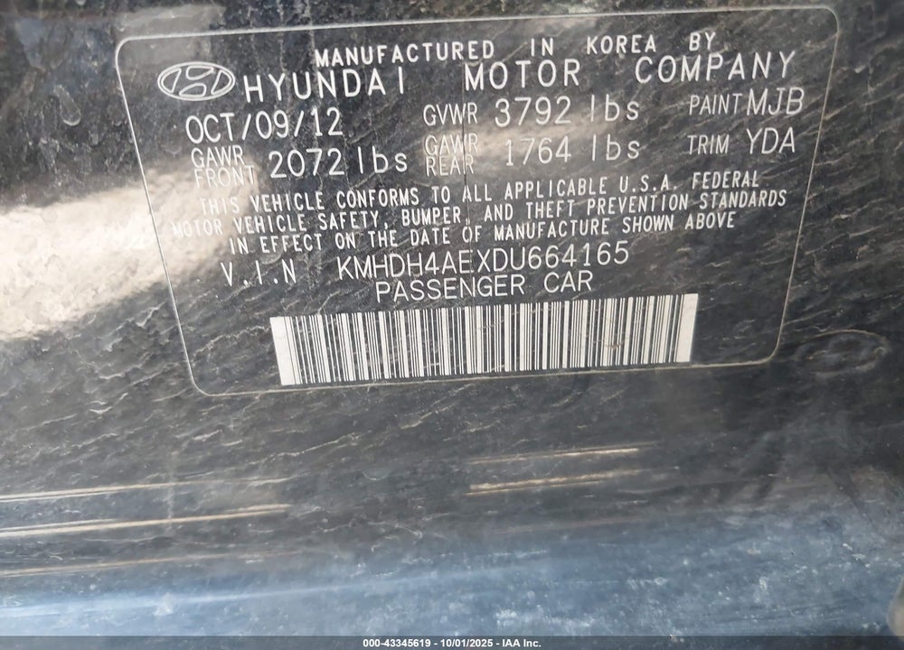 2013 HYUNDAI ELANTRA GLS VIN: KMHDH4AEXDU664165