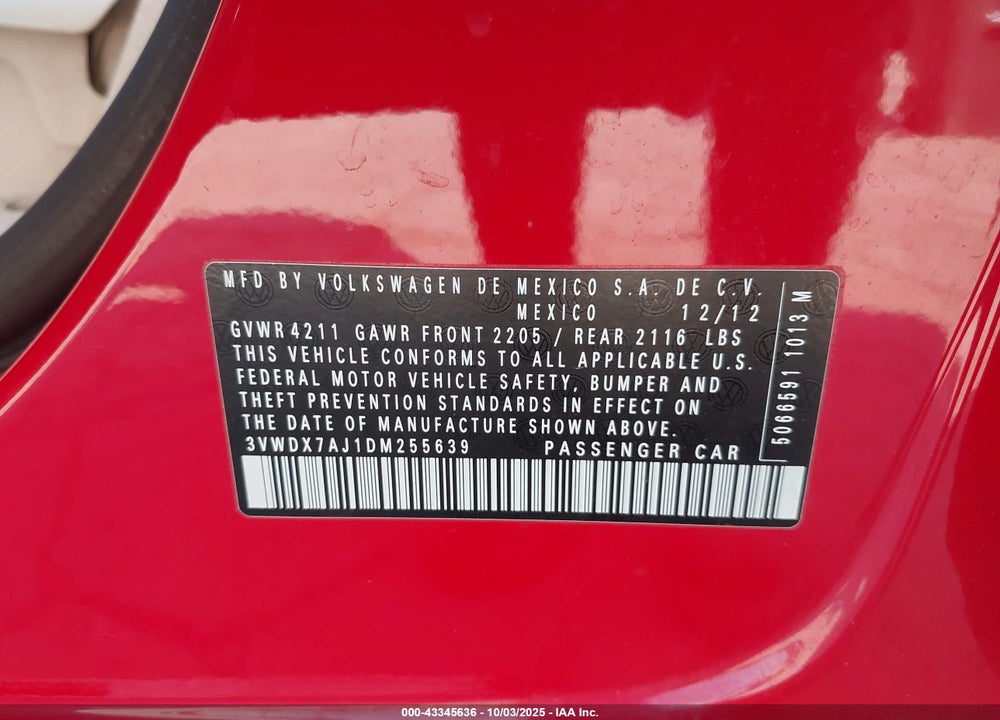 2013 VOLKSWAGEN JETTA 2.5L SE VIN: 3VWDX7AJ1DM255639