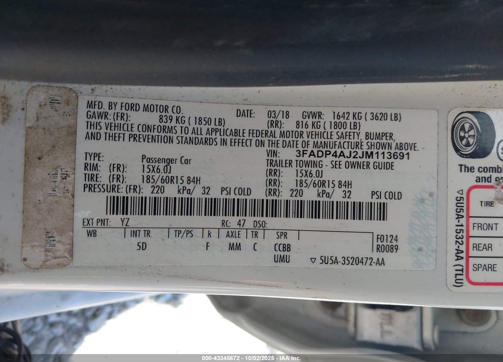 2018 FORD FIESTA S VIN: 3FADP4AJ2JM113691