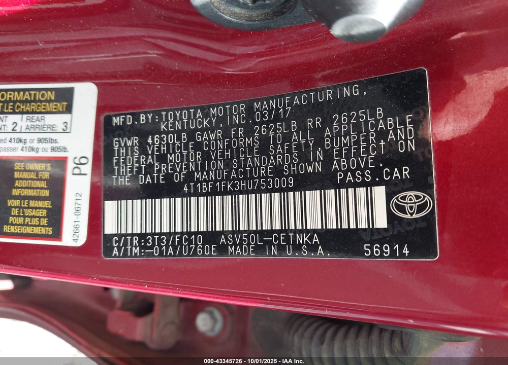 2017 TOYOTA CAMRY LE VIN: 4T1BF1FK3HU753009