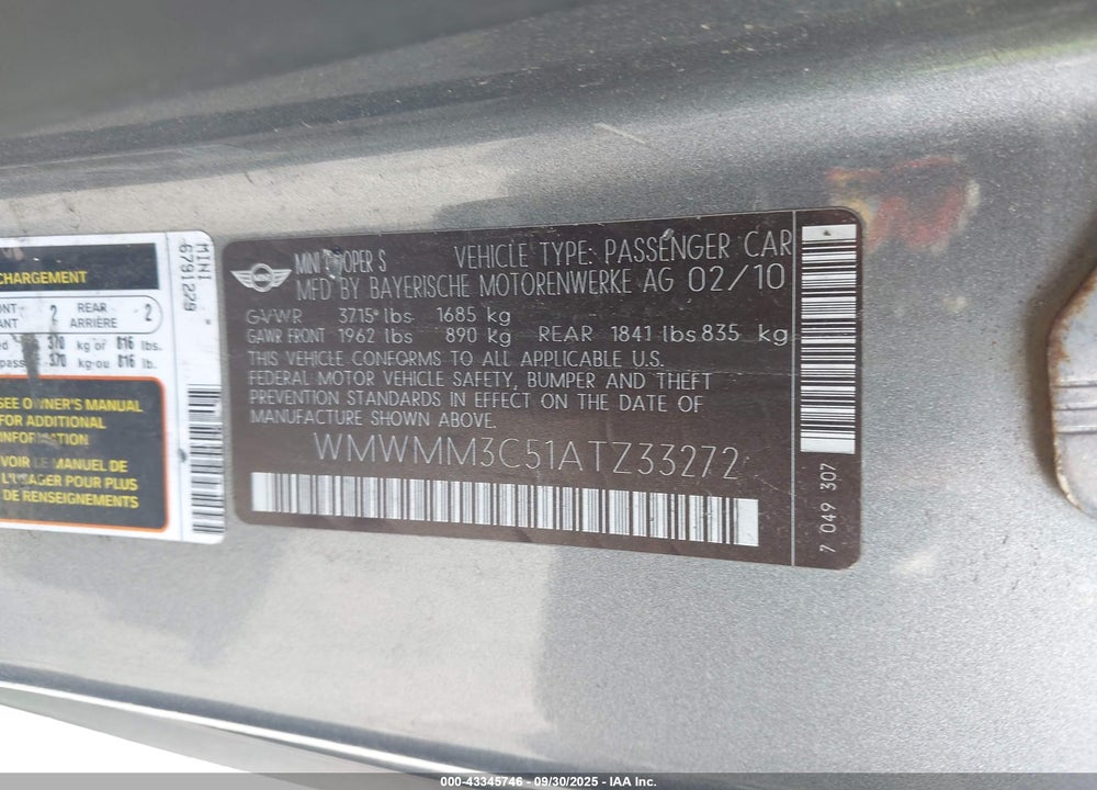 2010 MINI COOPER S CLUBMAN VIN: WMWMM3C51ATZ33272