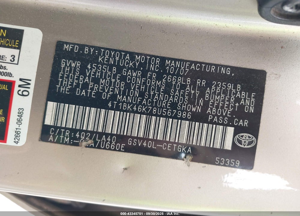 2008 TOYOTA CAMRY VIN: 4T1BK46K78U567986
