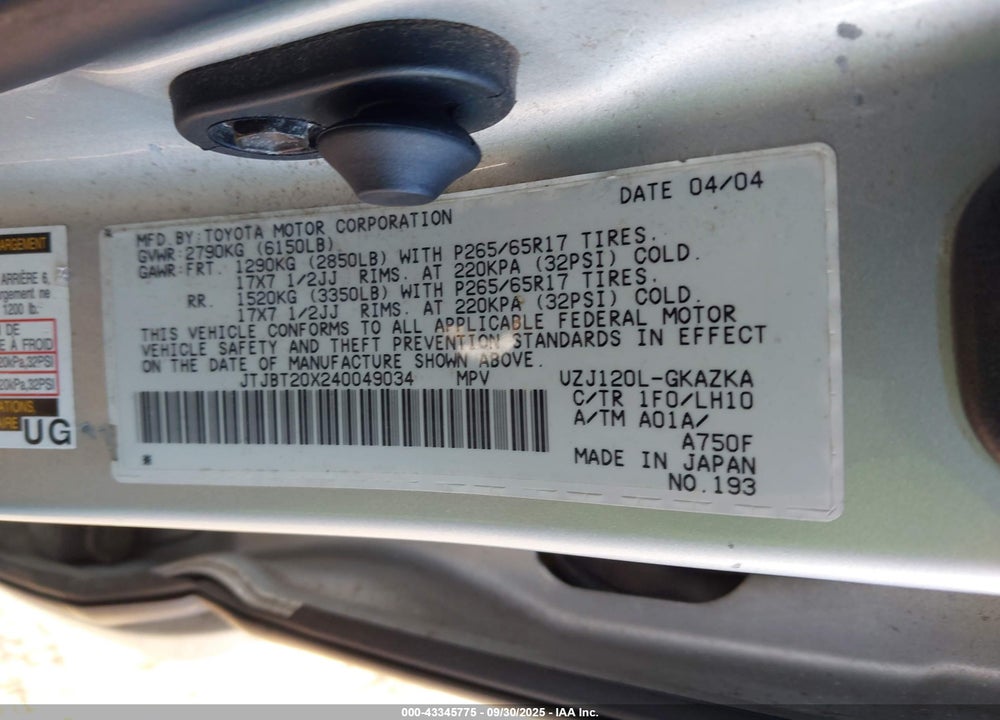 2004 LEXUS GX 470 VIN: JTJBT20X240049034