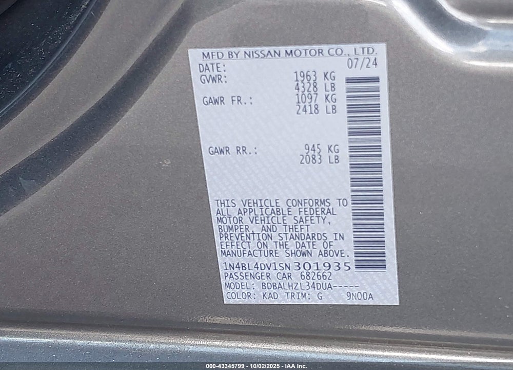 2025 NISSAN ALTIMA SV FWD VIN: 1N4BL4DV1SN301935