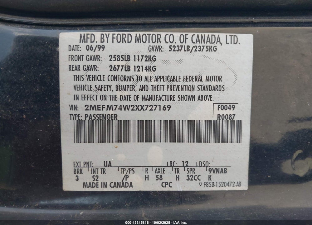 1999 MERCURY GRAND MARQUIS VIN: 2MEFM74W2XX727169