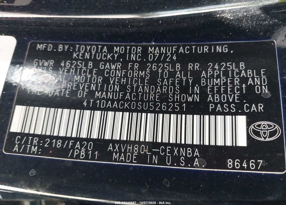 2025 TOYOTA CAMRY VIN: 4T1DAACK0SU526251