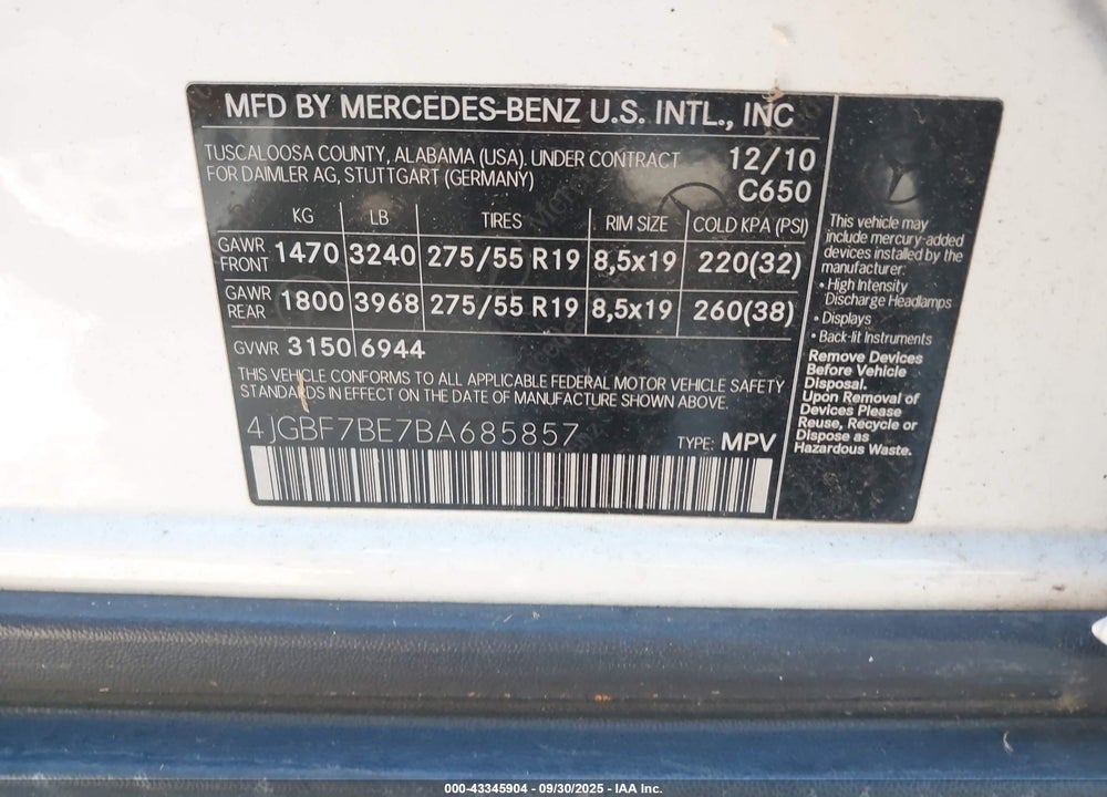 2011 MERCEDES-BENZ GL 450 4MATIC VIN: 4JGBF7BE7BA685857