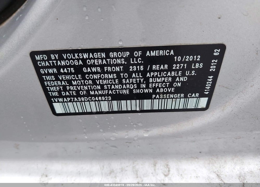 2013 VOLKSWAGEN PASSAT 2.5L S VIN: 1VWAP7A38DC046923