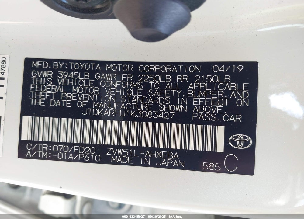 2019 TOYOTA PRIUS LE VIN: JTDKARFU1K3083427