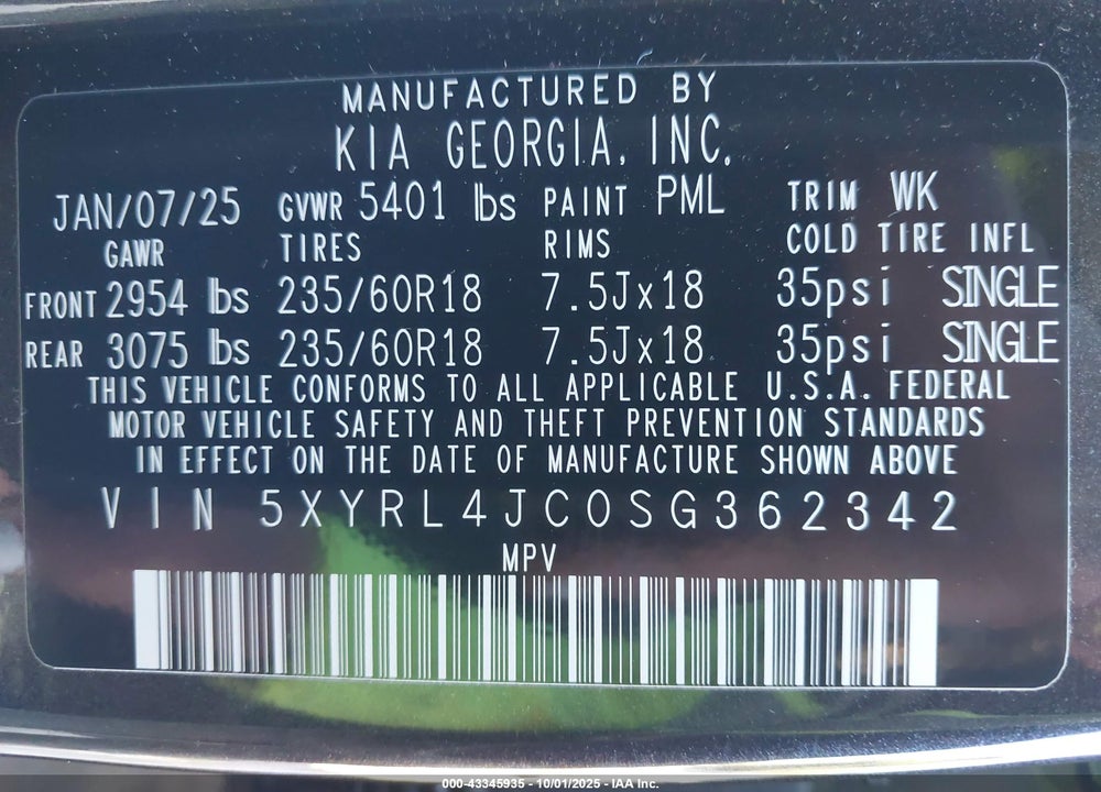 2025 KIA SORENTO VIN: 5XYRL4JC0SG362342
