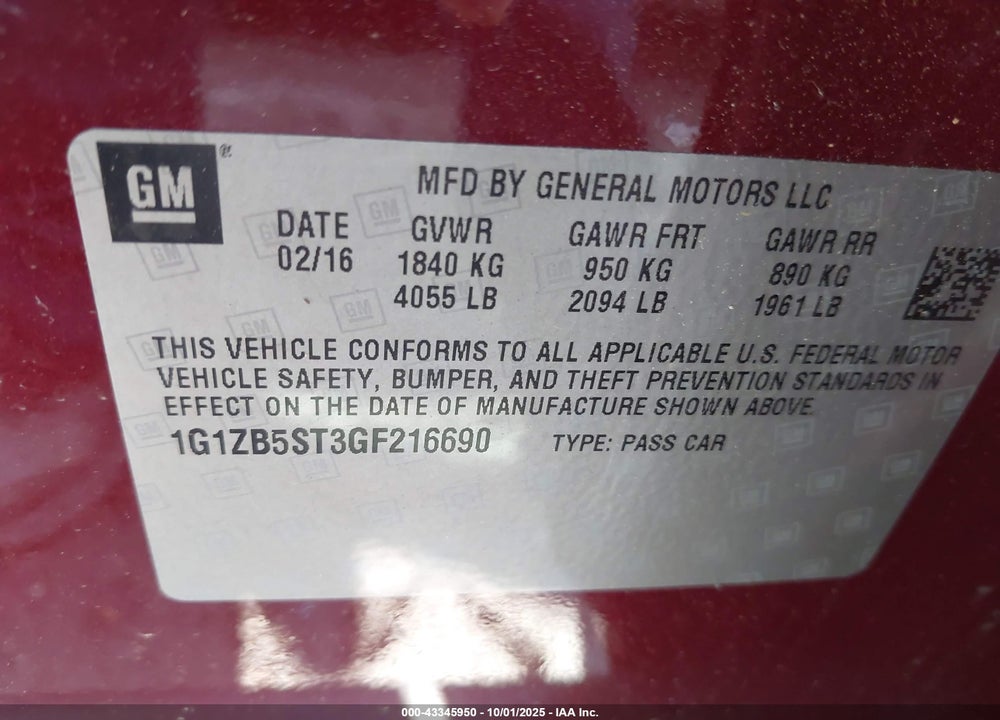 2016 CHEVROLET MALIBU LS VIN: 1G1ZB5ST3GF216690