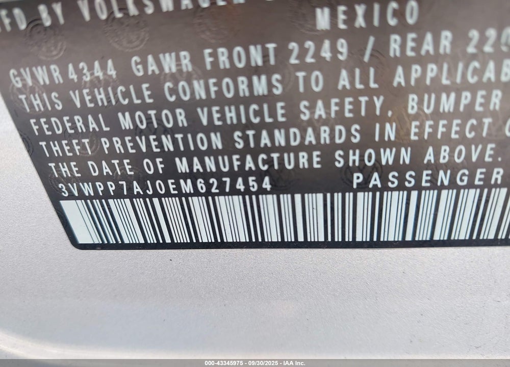2014 VOLKSWAGEN JETTA VIN: 3VWPP7AJ0EM627454