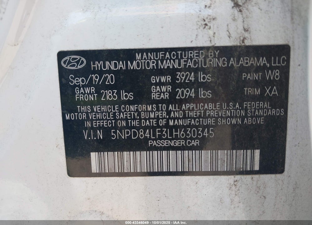 2020 HYUNDAI ELANTRA VALUE EDITION VIN: 5NPD84LF3LH630345