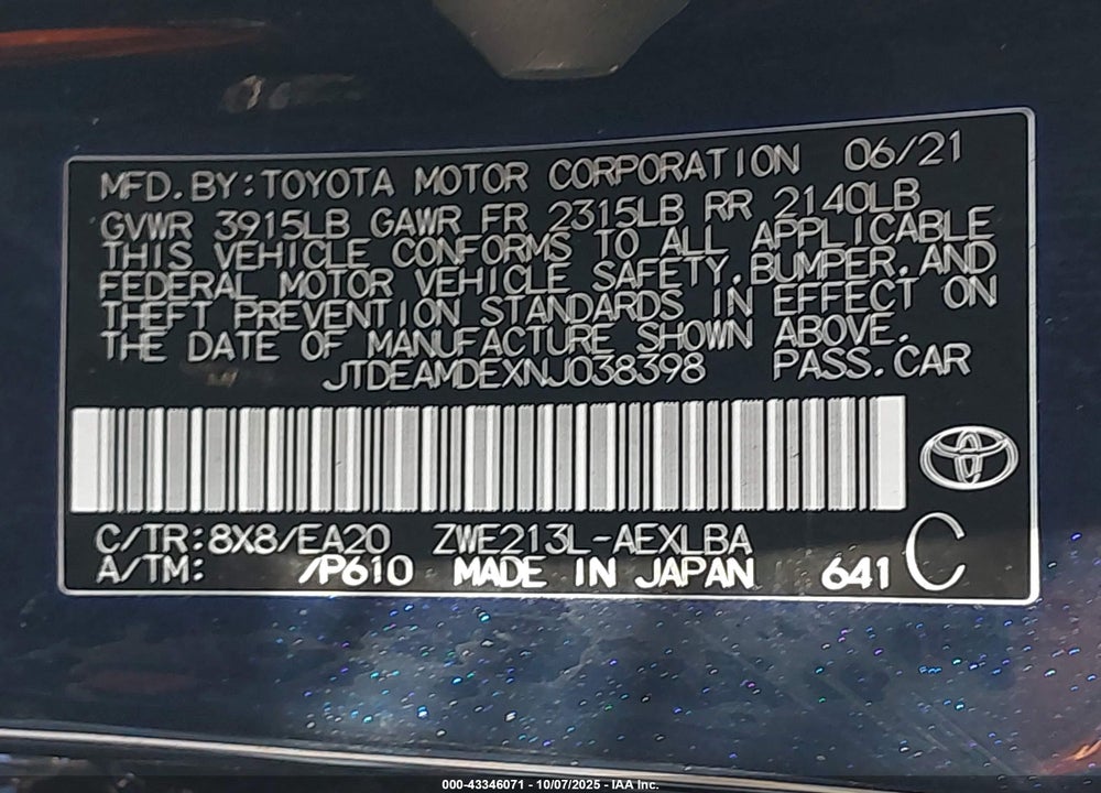 2022 TOYOTA COROLLA HYBRID LE VIN: JTDEAMDEXNJ038398
