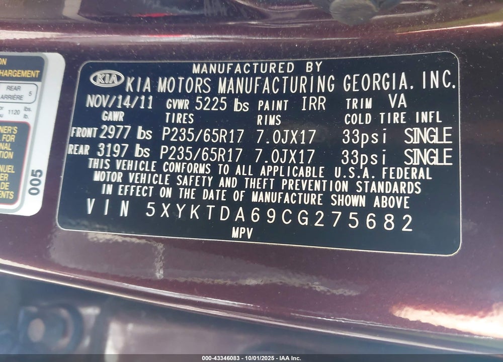 2012 KIA SORENTO VIN: 5XYKTDA69CG275682
