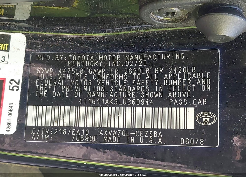 2020 TOYOTA CAMRY VIN: 4T1G11AK9LU360944