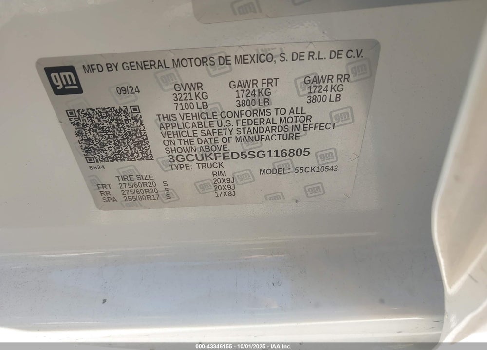 2025 CHEVROLET SILVERADO 1500 VIN: 3GCUKFED5SG116805