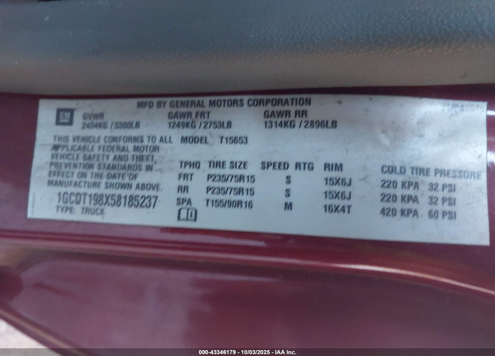 2005 CHEVROLET COLORADO VIN: 1GCDT198X58185237