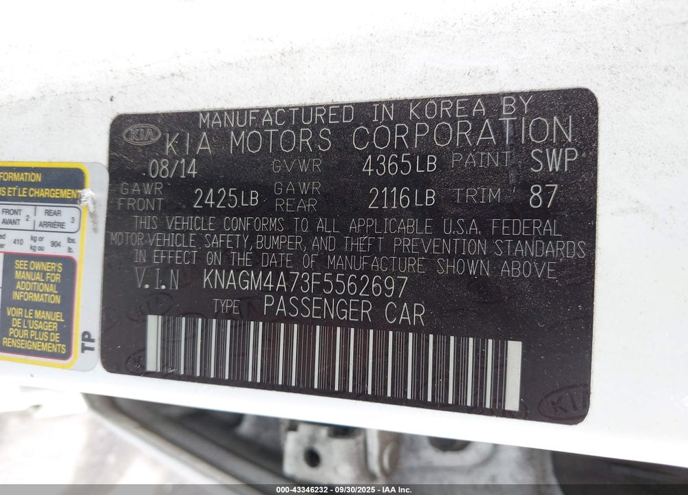 2015 KIA OPTIMA VIN: KNAGM4A73F5562697