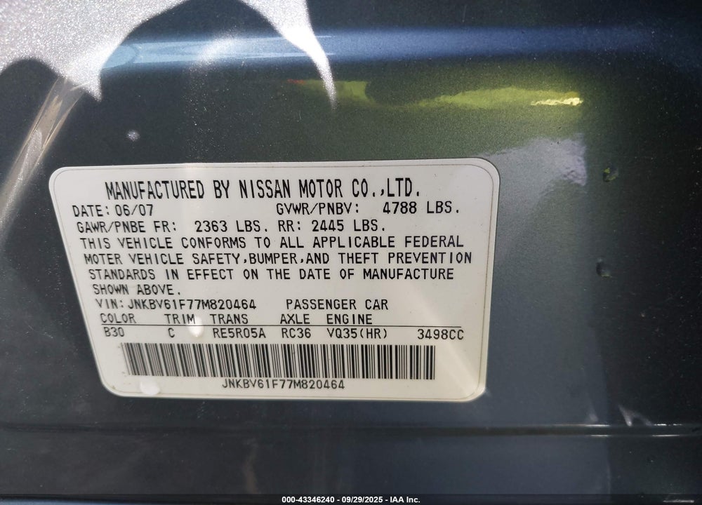 2007 INFINITI G35 VIN: JNKBV61F77M820464