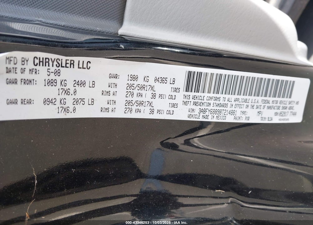2008 CHRYSLER PT CRUISER VIN: 3A8FY68898T214881