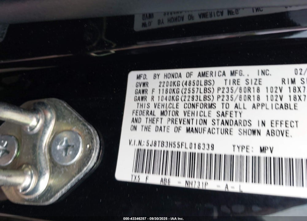 2015 ACURA RDX VIN: 5J8TB3H55FL016339