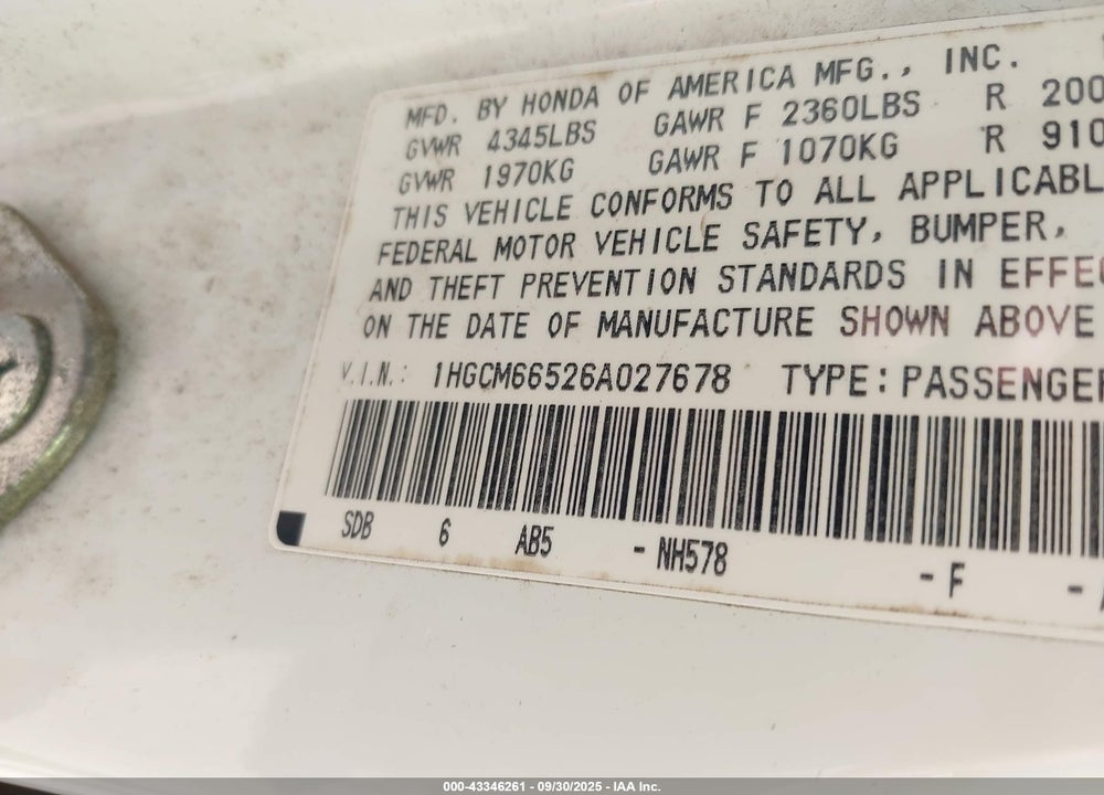 2006 HONDA ACCORD SDN EX-L V6 VIN: 1HGCM66526A027678