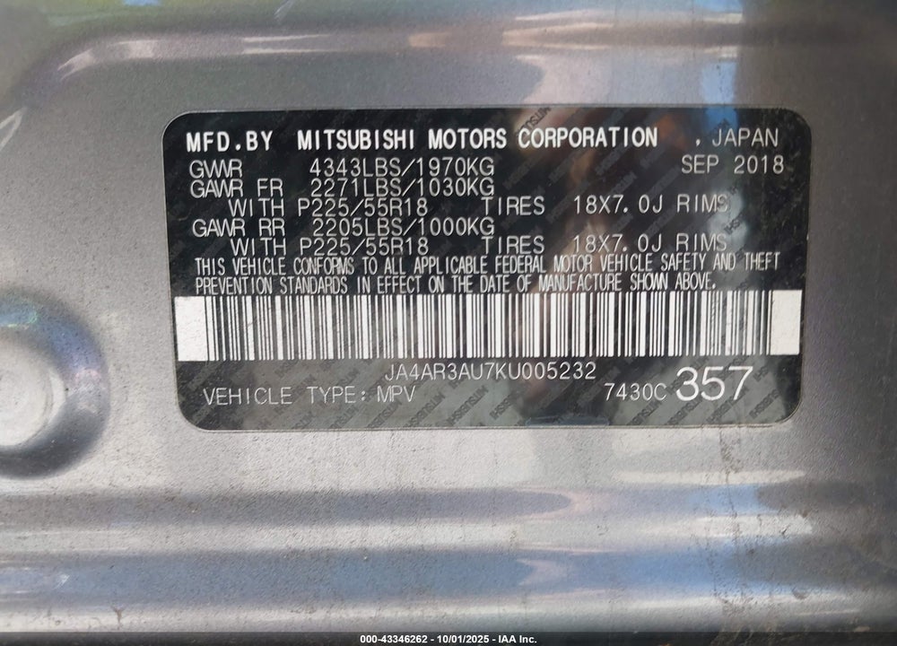 2019 MITSUBISHI OUTLANDER SPORT VIN: JA4AR3AU7KU005232