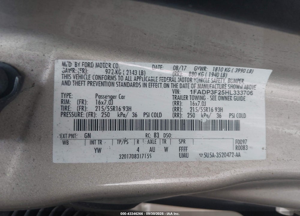 2017 FORD FOCUS SE VIN: 1FADP3F25HL333706