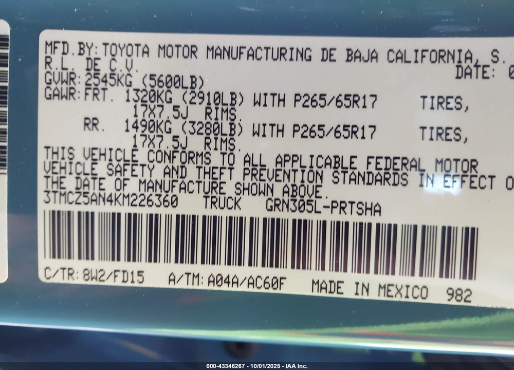 2019 TOYOTA TACOMA TRD SPORT VIN: 3TMCZ5AN4KM226360