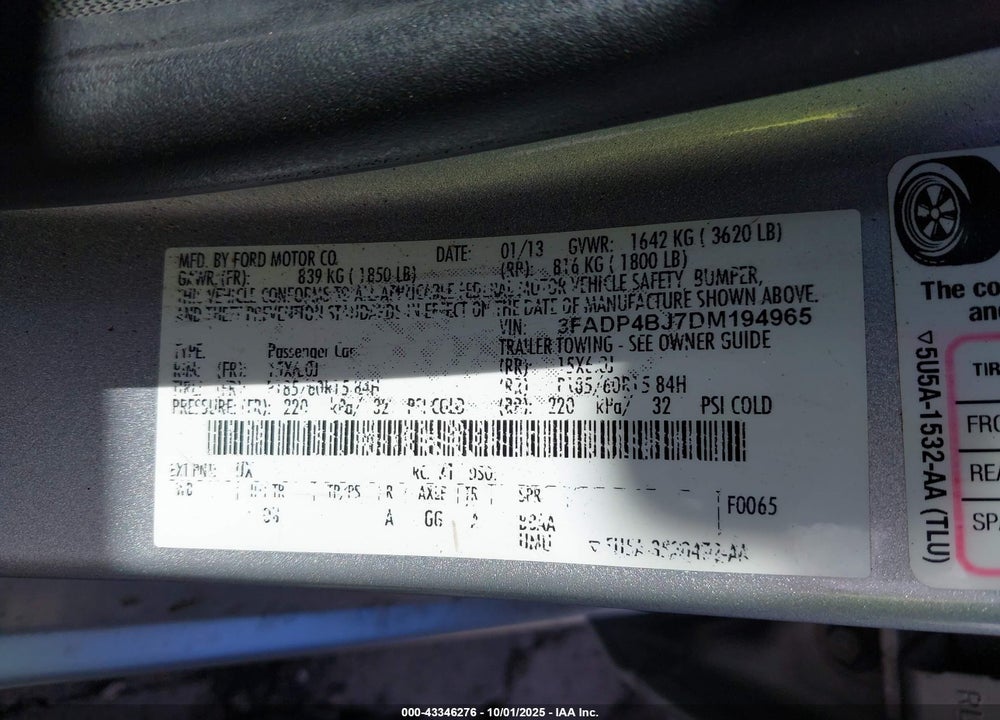 2013 FORD FIESTA VIN: 3FADP4BJ7DM194965